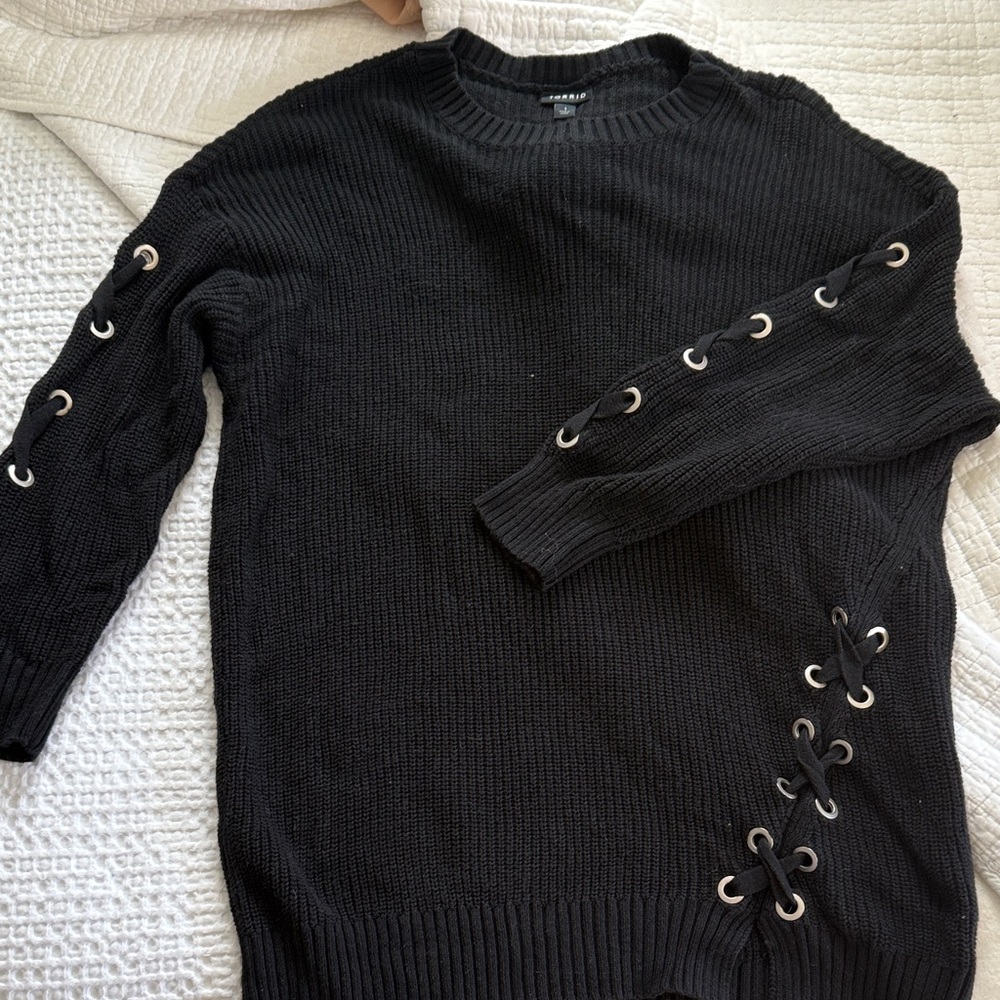 Torrid Black Lace-Up Crew Neck Sweater